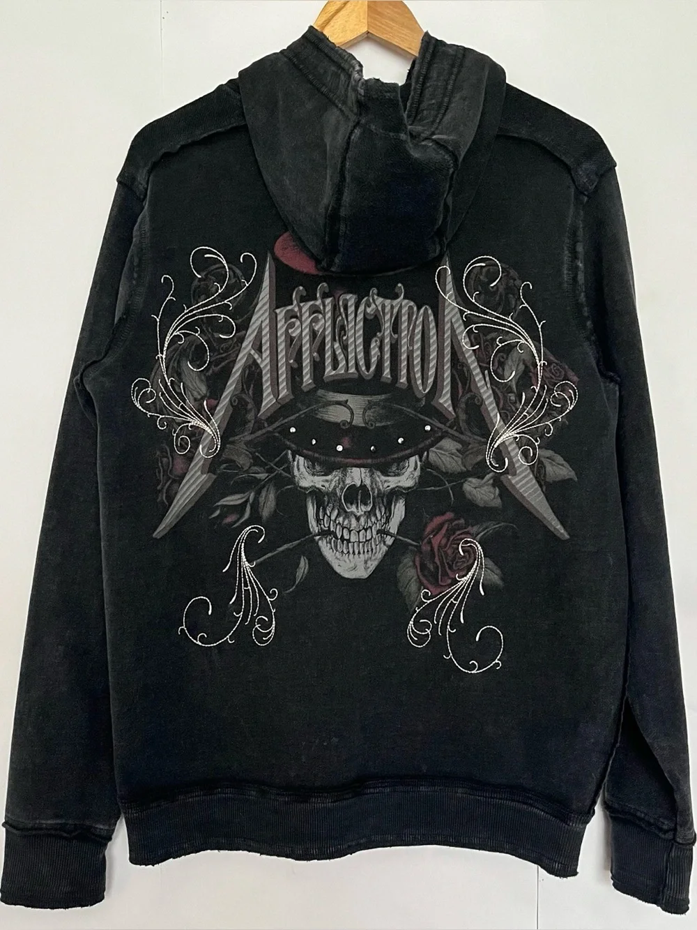 Affliction Zip Up Hoodie Sweatshirt Cross Skull Embroidery Size Small Gray Black
